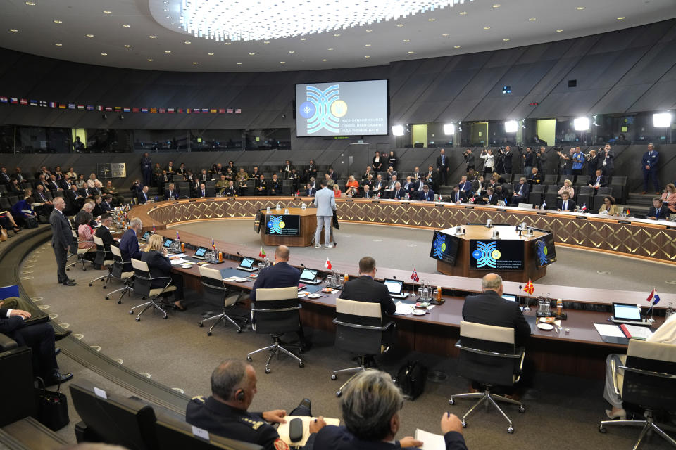 A general view of the meeting of the NATO-Ukraine Council at NATO headquarters in Brussels, Wednesday, Oct. 11, 2023. Ukraine's President Volodymyr Zelenskyy and Ukraine's Defense Minister Rustem Umerov arrived at NATO for meetings with alliance defense ministers to further drum up support for Ukraine's fight against Russia. (AP Photo/Virginia Mayo)