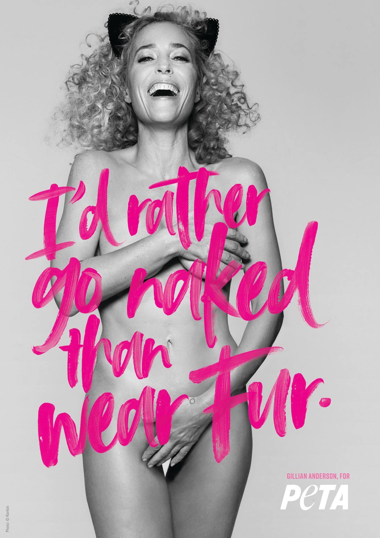 Gillian Anderson poses nude for PETA in an ad that will appear on a 70-foot billboard in NYC’s Penn Plaza. (Photo: PETA)