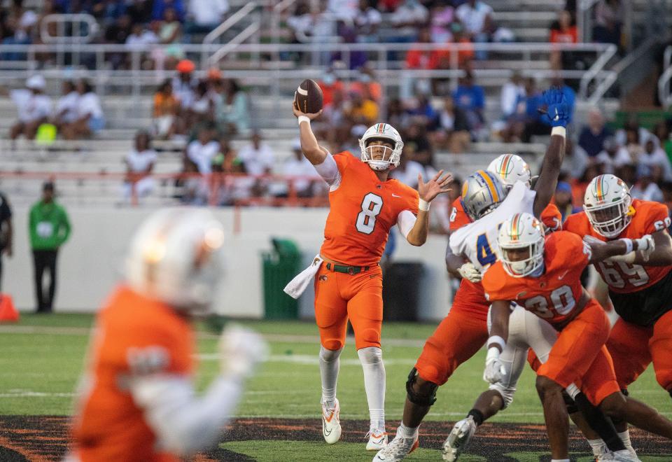 FAMU quarterback Jeremy Moussa prepares to throw downfield during Saturday's home game against Albany State, Saturday, Sept. 10, 2022.
