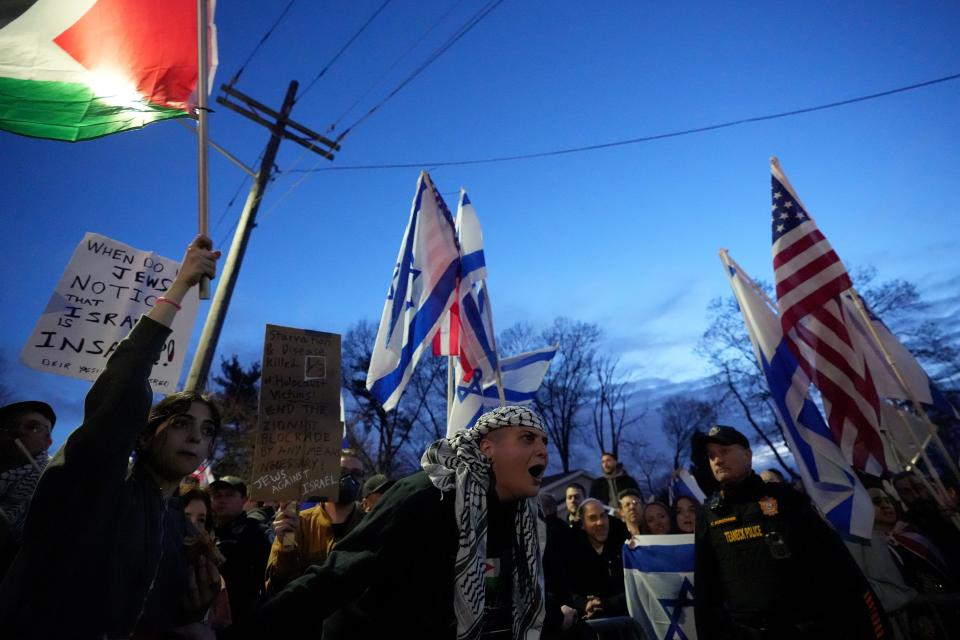 Tensions flared as pro- Palestinian and pro-Israeli demonstrators occupied a small space across the street from Congregation Bnai Yeshurun, Monday, April 1, 2024, in Teaneck.