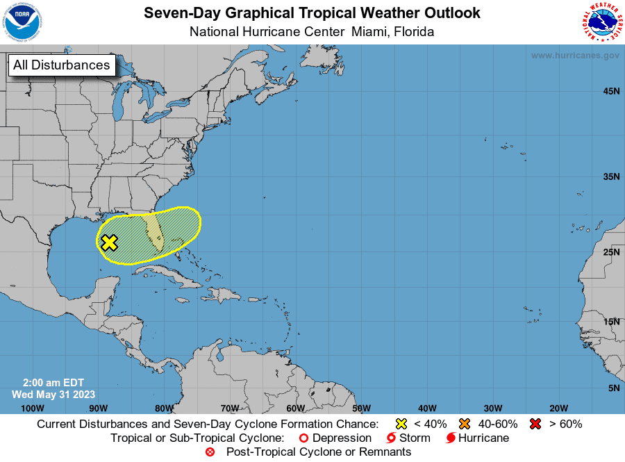 According to the National Hurricane Center, area of showers and thunderstorms over the central Gulf of Mexico could bring heavy rainfall and gusty winds over portions of the Florida Peninsula later this week.