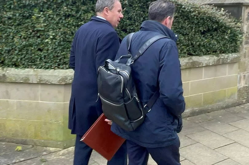 Defendant Chris Makin (left) leaves Harrogate Magistrates Court in North Yorkshire
