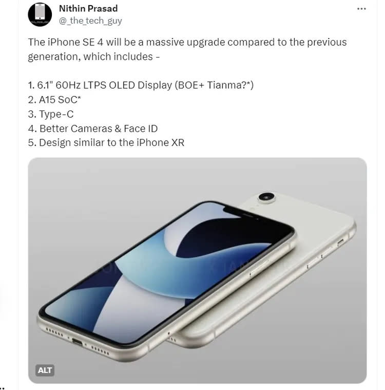 Nithin Prasad在X上爆料iPhone SE 4的規格。翻攝X