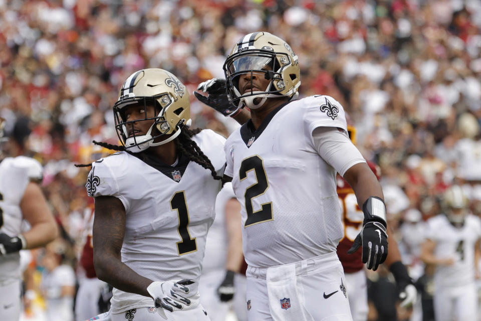 New Orleans Saints wide receiver Marquez Callaway celebrates with New Orleans Saints quarterback Jameis Winston after connecting on a touchdown pass against the Washington Football Team during the fourth quarter at FedExField. (Geoff Burke/USA TODAY Sports)