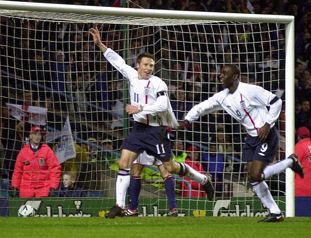 Nick Barmby scores England's first goal in the friendly against Spain at Villa Park