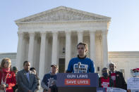 Parkland survivor and activist David Hogg speaks during a rally outside of the U.S. Supreme Court in Washington, Wednesday, Nov. 3, 2021. The Supreme Court is set to hear arguments in a gun rights case that centers on New York's restrictive gun permit law and whether limits the state has placed on carrying a gun in public violate the Second Amendment. (AP Photo/Jose Luis Magana)