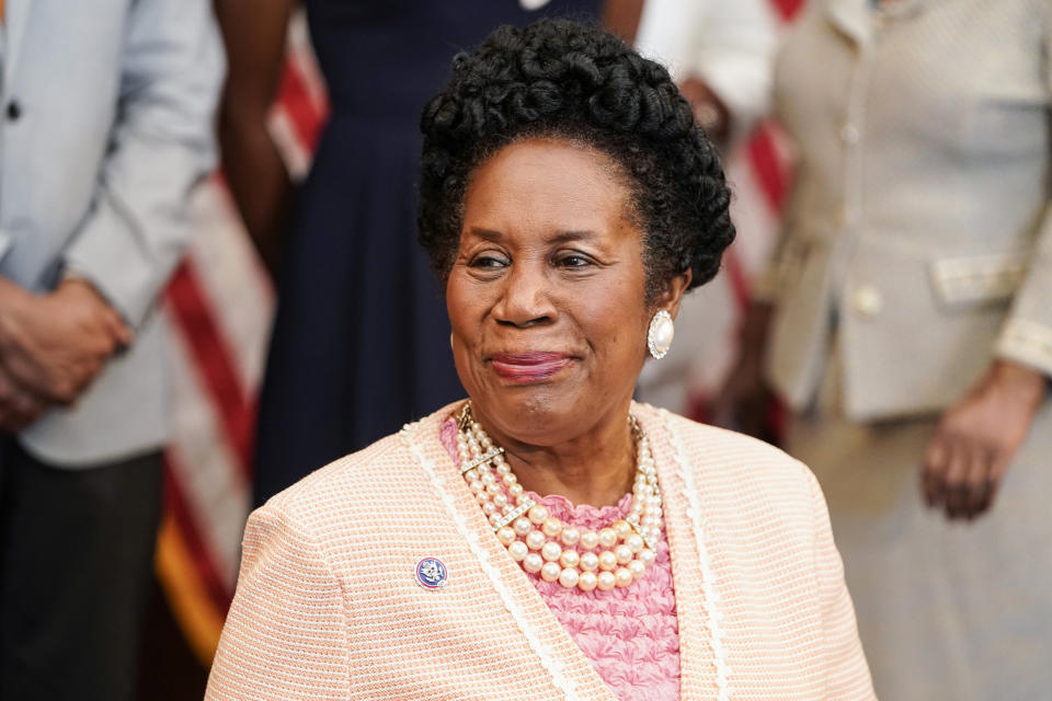 Rep. Sheila Jackson Lee, D-Texas, waits for Speaker of the House Nancy Pelosi, D-Calif., to arrive for a bill enrollment signing ceremony for the Juneteenth National Independence Day Act on June 17, 2021 on Capitol Hill. (Joshua Roberts / Getty Images)