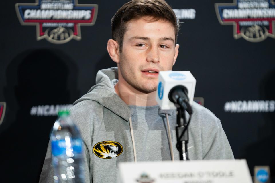 Missouri's Keegan O'Toole speaks during a media availability ahead of the NCAA D1 wrestling championships Wednesday, March 20, 2024, at T Mobile Center in Kansas City.