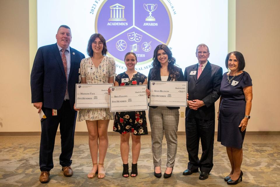 Three area students were honored with scholarships during the 2023 Franklin B. Walter Scholarship Award Dinner. From left are Mid-Ohio ESC Superintendent Kevin D. Kimmel; Madeline Tack, Highland High School; Bree Fellows, Plymouth-Shiloh School; Kylee Bilancini, Northmor High School; Board President Doug Theaker; and Board Vice-President Glenna Plotts.