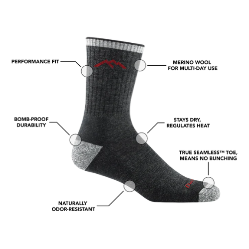 black and gray wool sock from darn tough with words describing the sock