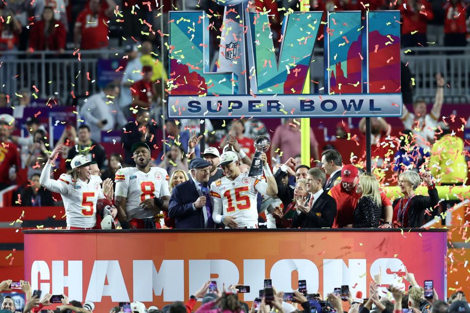 The Kansas City Chiefs celebrate their win in Super Bowl 57 over the Philadelphia Eagles.