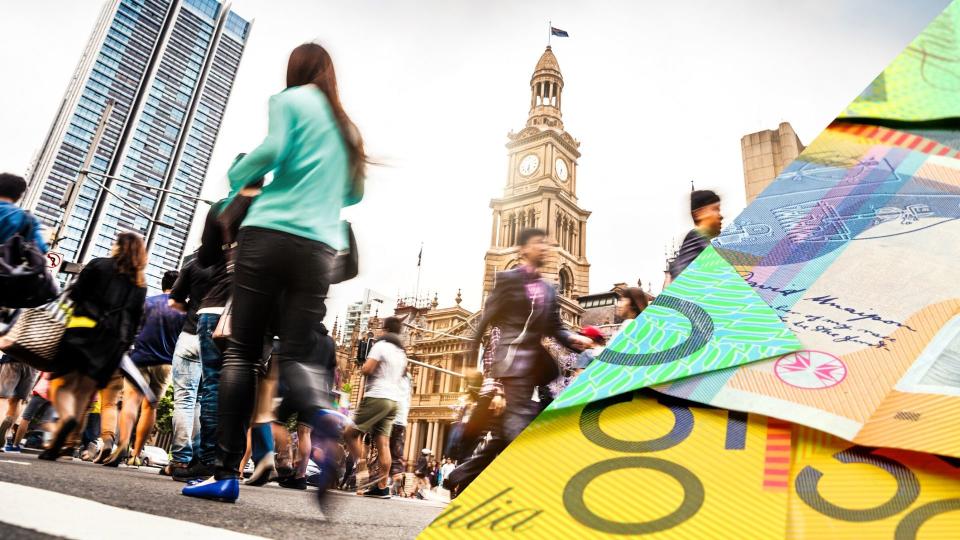 Pictured: Australian pedestrians in Sydney, Australian cash. Images: Getty