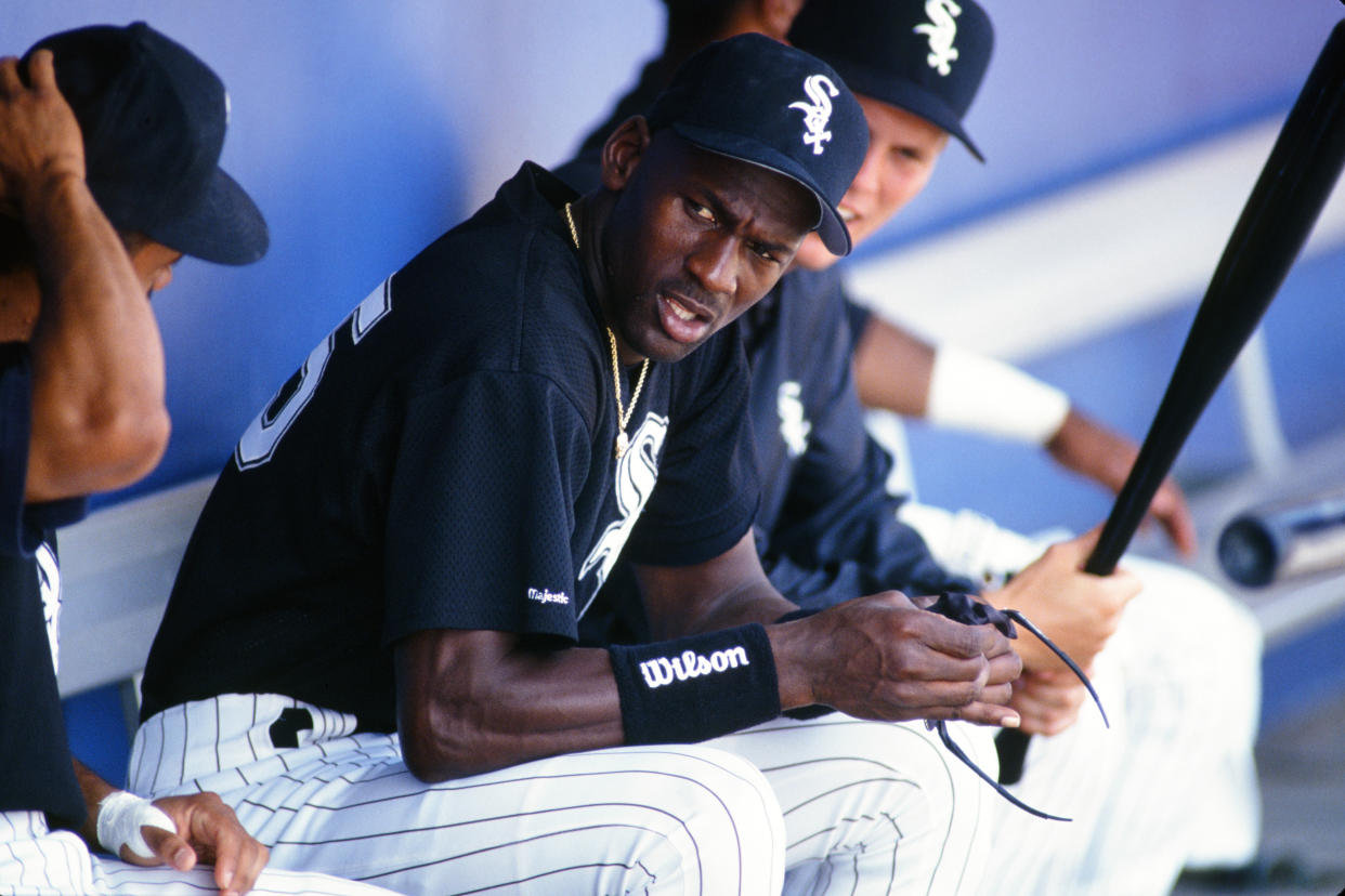 SARASOTA, FL - 1994 -  Michael Jordan #45 of the Chicago White Sox looks on from the dugout during a spring training game at Ed Smith Stadium in 1994 in Sarasota, Florida. (Photo by Rich Pilling/MLB Photos via Getty Images)