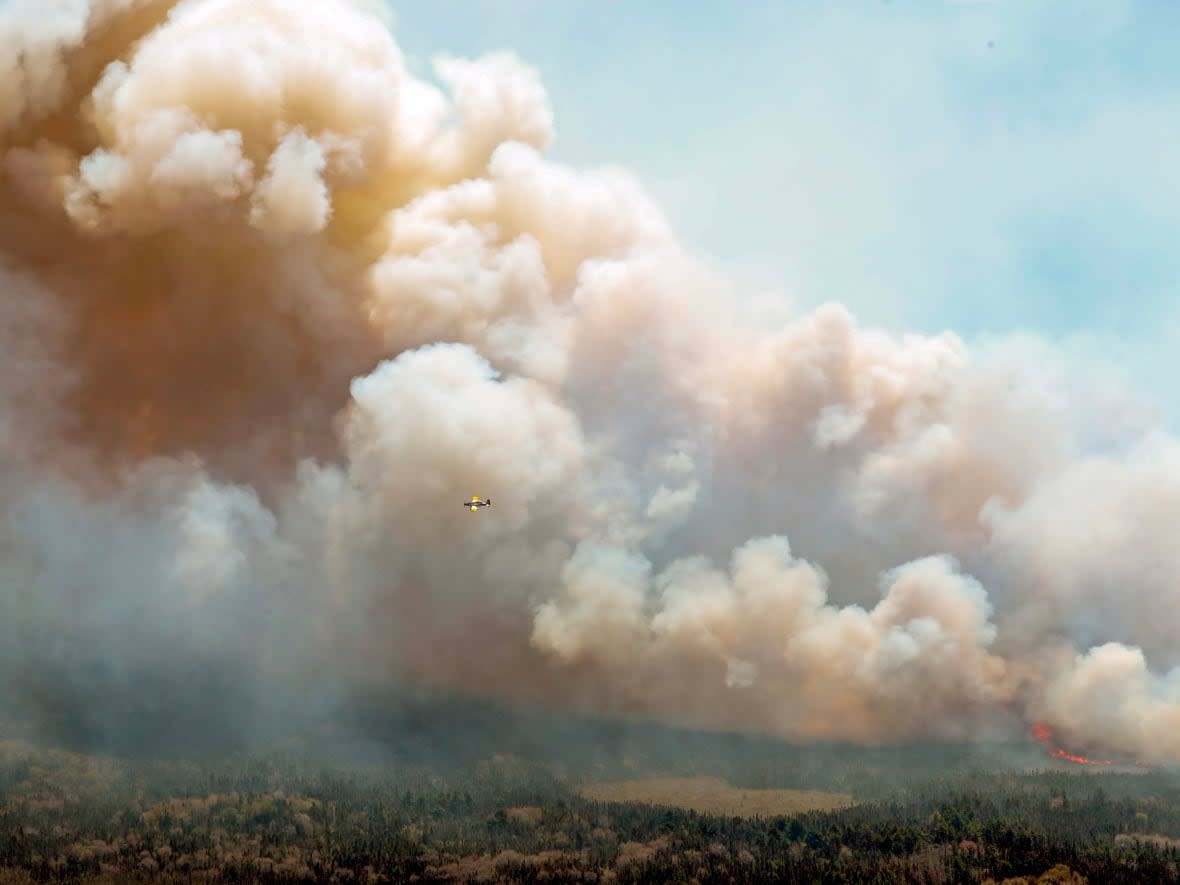 A plane from New Brunswick is pictured Tuesday over the fire near Barrington Lake in Shelburne County, N.S. It's part of a team dropping water and fire retardant on the out-of-control wildfire.  (Communications Nova Scotia - image credit)