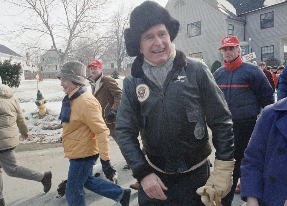 George H.W. Bush walks the wintery streets of downtown Kennebunkport while on vacation in 1989. We know it's cold in Maine in the winter, but this hat has got to go.    