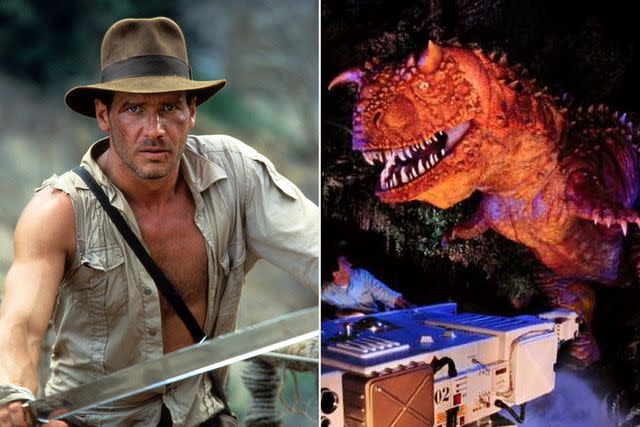 <p> Paramount/Getty Images;Disney</p> Harrison Ford as Indiana Jones; Dinosaur at Animal Kingdom