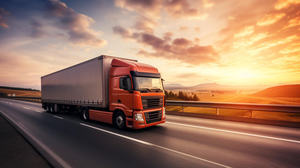 A tractor-trailer speeding along a modern highway, showing the power of the transportation solutions.