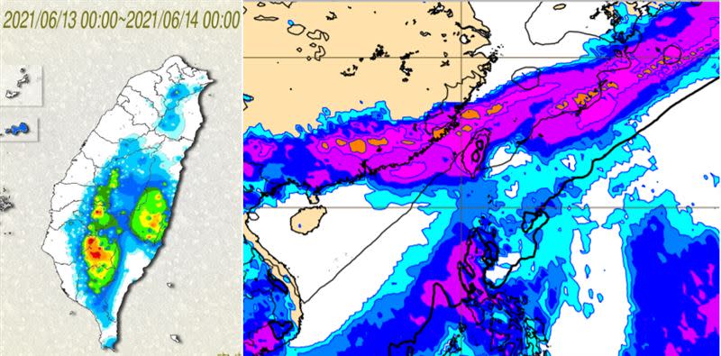 圖：昨(13)日午後持續有「強對流」發展，伴隨局部性大雷雨及豪雨(左圖)。最新(13日20時)歐洲(ECMWF)模式，模擬下週二(22日)「梅雨滯留鋒」已在台灣附近徘徊，伴隨明顯降雨(右圖)。