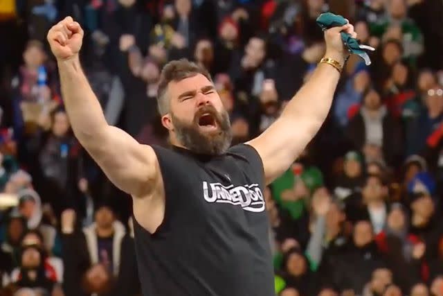 <p>WWE/Peacock/X</p> Jason Kelce gets in the ring at Wrestlemania , April 2024