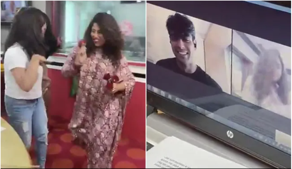 RJ Malishka Mendonsa and her team at Red FM danced in front of Olympic gold medalist Neeraj Chopra  before commencing a Zoom interview session with the track and field athlete. The video was shared by the RJ on Twitter last week. (Image via Twitter)  