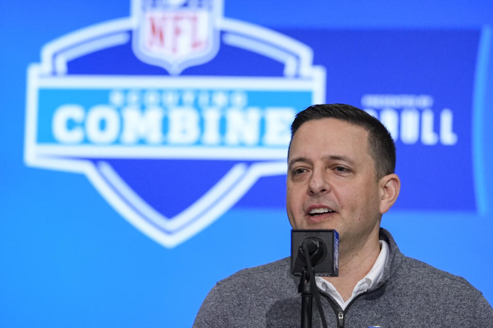 New England Patriots director of scouting Eliot Wolf speaks during a press conference at the NFL football scouting combine in Indianapolis, Tuesday, Feb. 27, 2024. (AP Photo/Michael Conroy)