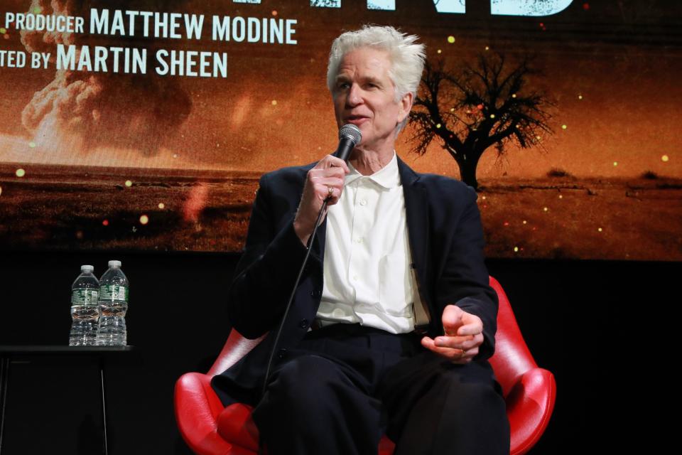 Matthew Modine, executive producer of the documentary "Downwind," discusses the film at a screening on April 11, 2024, at the Westport Library in Connecticut.