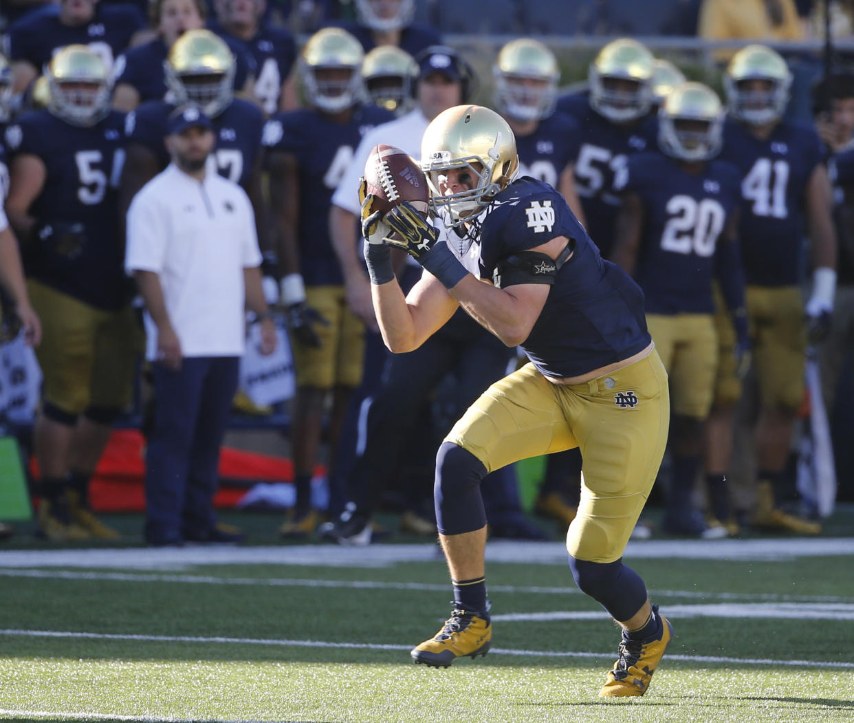 Notre Dame linebacker Greer Martini intercepts a pass from Miami (Ohio) quarterback Gus Ragland during the first half of an NCAA college football game Saturday, Sept. 30, 2017, in South Bend, Ind. (AP Photo/Charles Rex Arbogast)