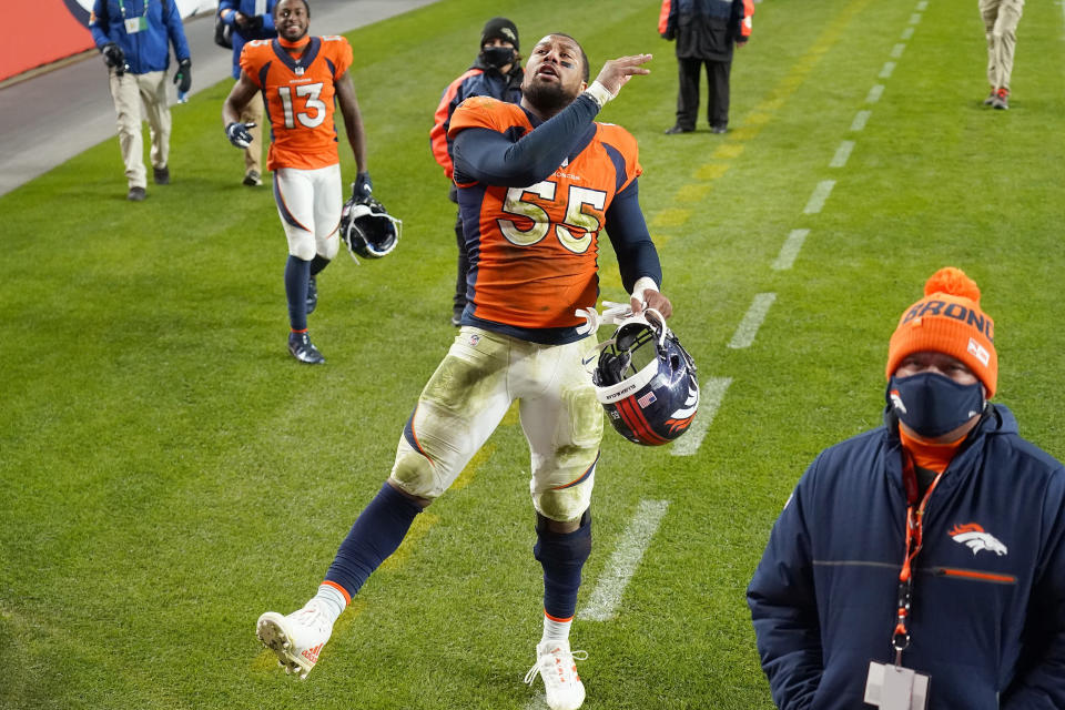 Denver Broncos outside linebacker Bradley Chubb (55) celebrates after an NFL football game against the Miami Dolphins, Sunday, Nov. 22, 2020, in Denver. The Broncos won 20-13. (AP Photo/Jack Dempsey)