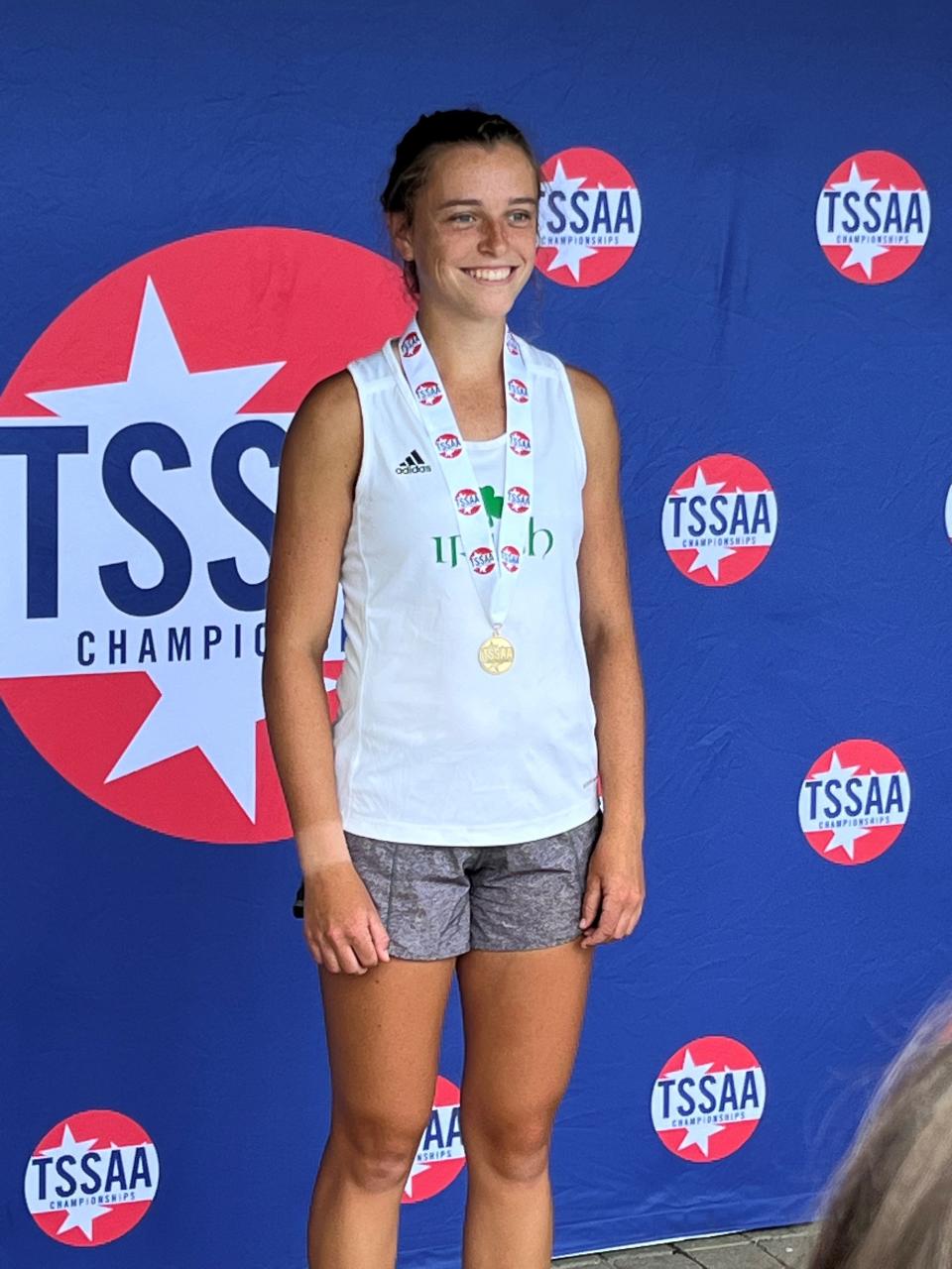 Catholic High junior Maeve Thornton is shown after receiving her medal for winning the girls’ single tennis championship at Murfreesboro on May 27, 2022.