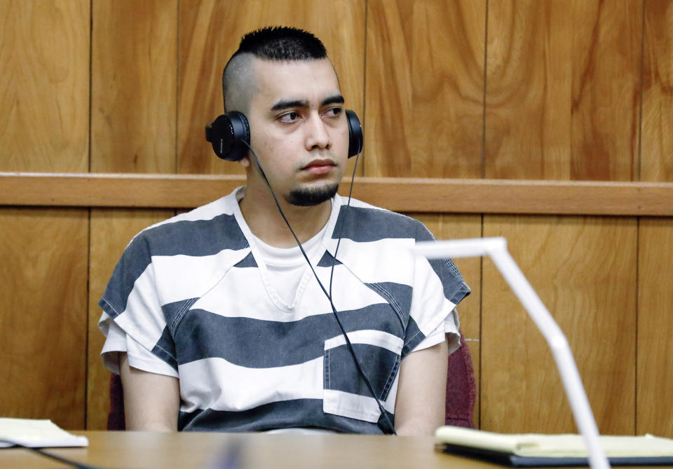 FILE - In this July 15, 2021, file photo, Cristhian Bahena Rivera appears during a hearing at the Poweshiek County Courthouse in Montezuma, Iowa. Bahena Rivera was convicted of killing University of Iowa student Mollie Tibbetts in 2018. The lead investigator in the death, Division of Criminal Investigation agent Trent Vileta expressed confidence Tuesday, July 27, 2021, that the right man was convicted, rejecting defense claims that her abduction could be tied to other local criminal suspects. (Jim Slosiarek/The Gazette, Pool, File)