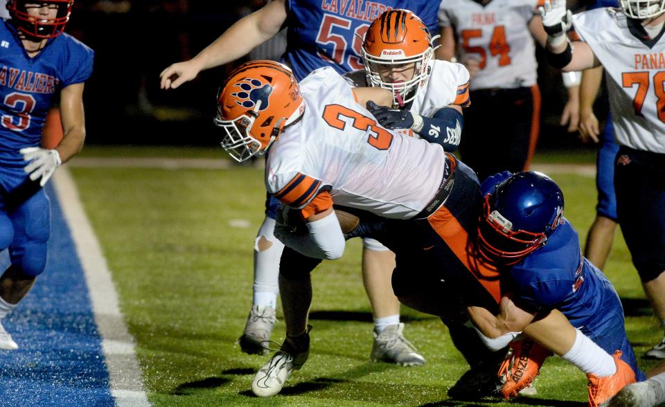 Pana's Brayden Carlson drives into the end zone for  a 2 point conversion during the game against Carlinville Friday, Sept. 1, 2023.