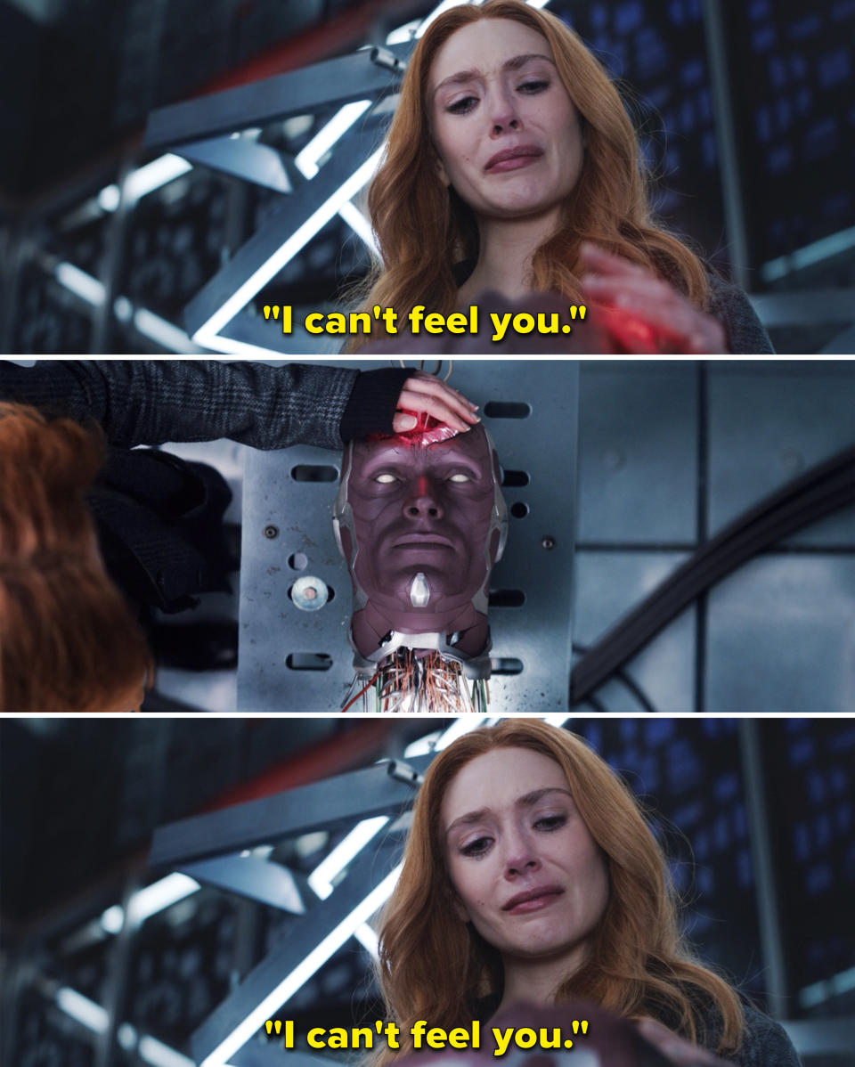 Wanda repeating, "I can't feel you"