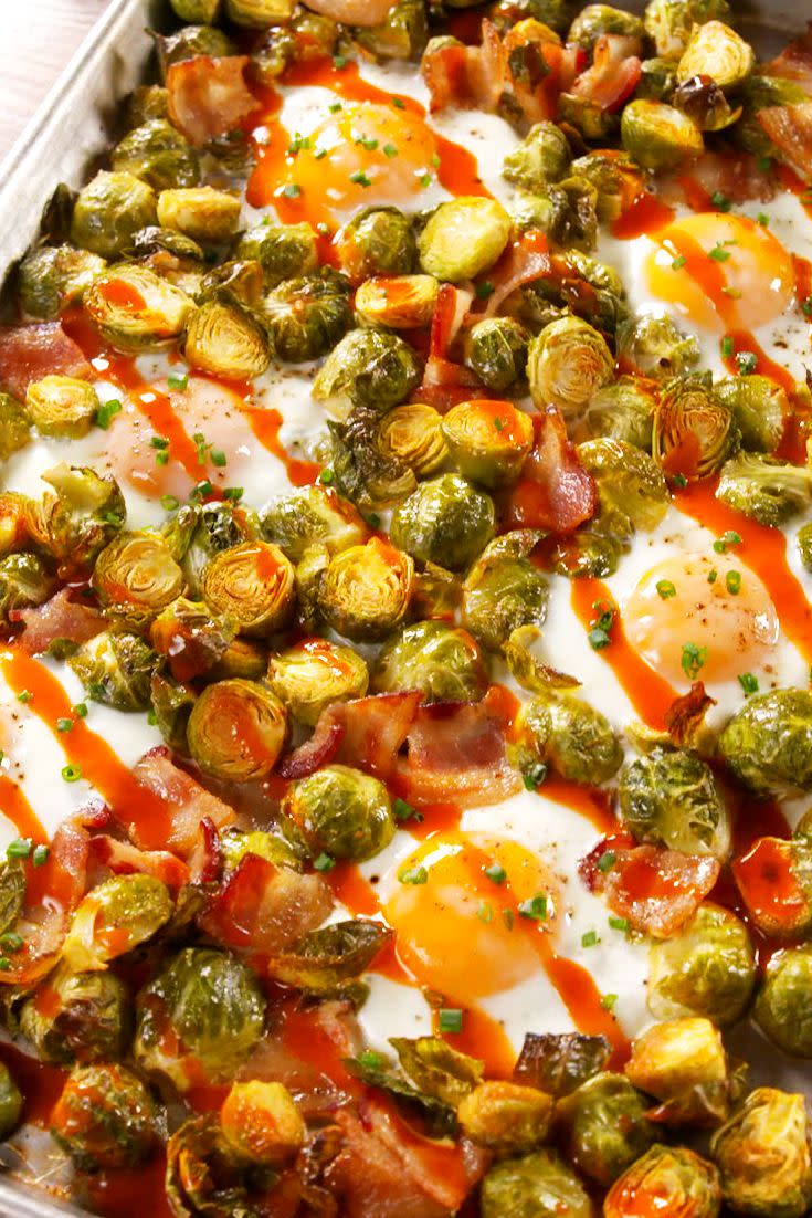 Sheet Pan Brussels Sprouts Bacon Egg Hash