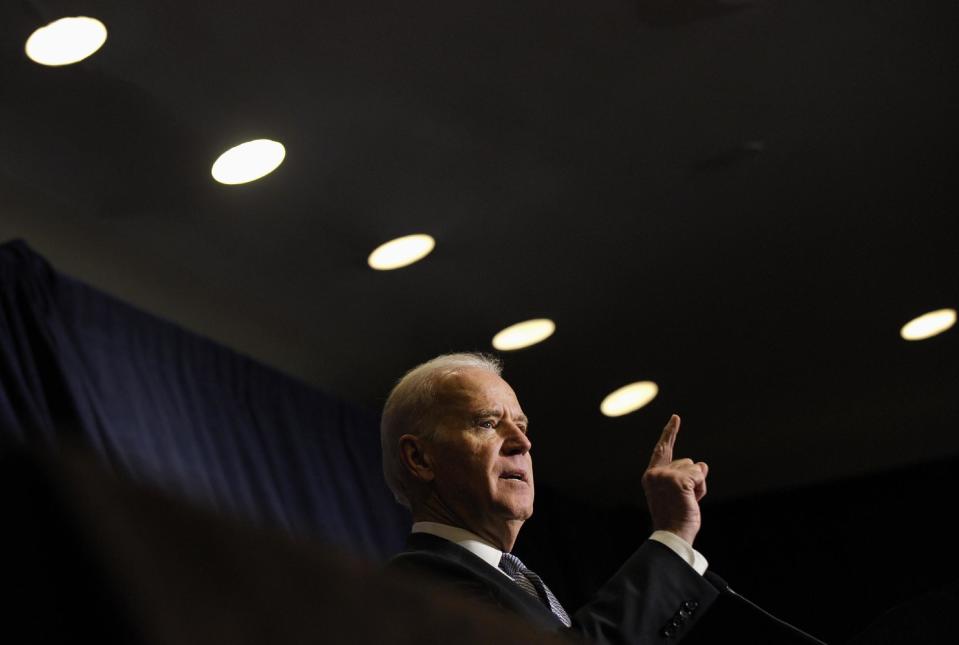 Vice President Biden speaks at the Association of State Democratic Chairs Meeting in Washington, Thursday, Feb. 27, 2014. (AP Photo/Susan Walsh)