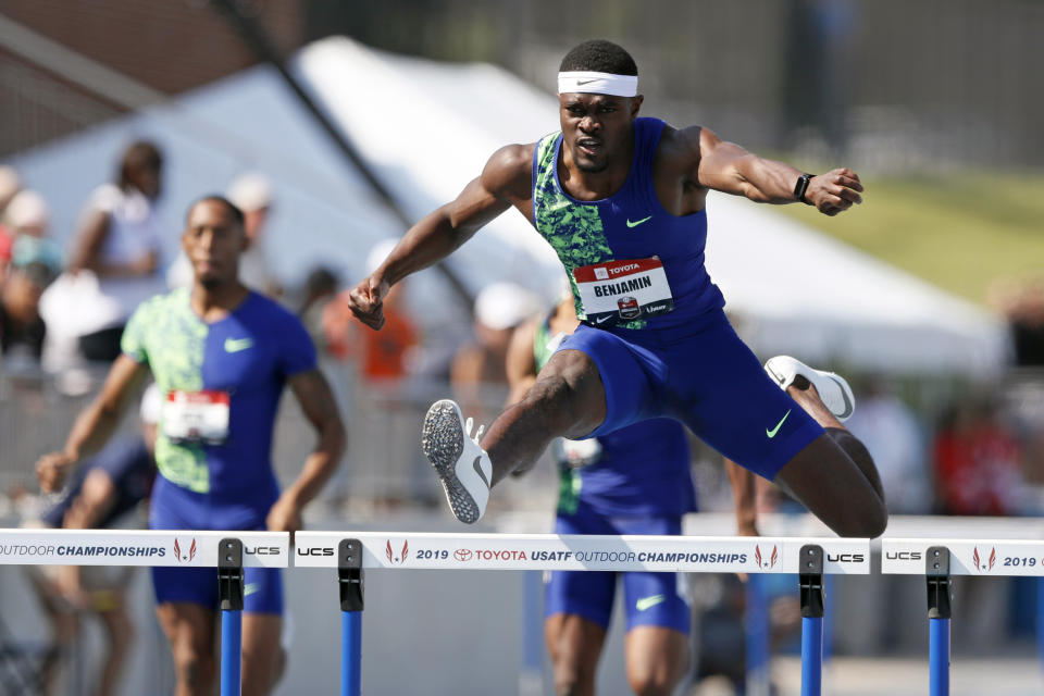 Rai Benjamin clears a hurdle during the men's 400-meter hurdles at the U.S. Championships athletics meet, Saturday, July 27, 2019, in Des Moines, Iowa. (AP Photo/Charlie Neibergall)