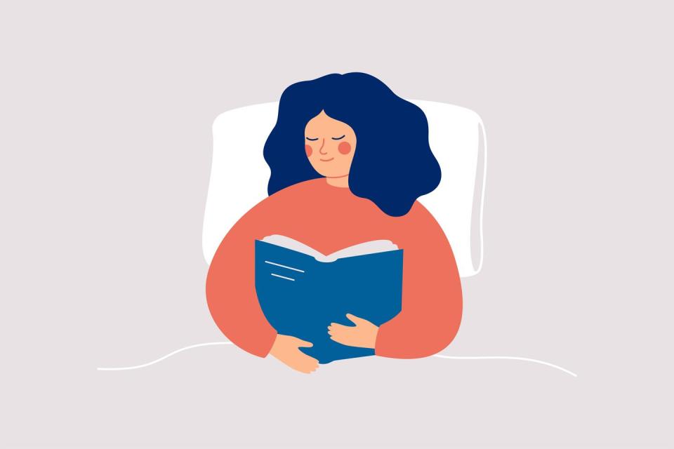 happy woman reads the book with enjoy in the bed at night or morning book therapy session mental health concept vector illustration
