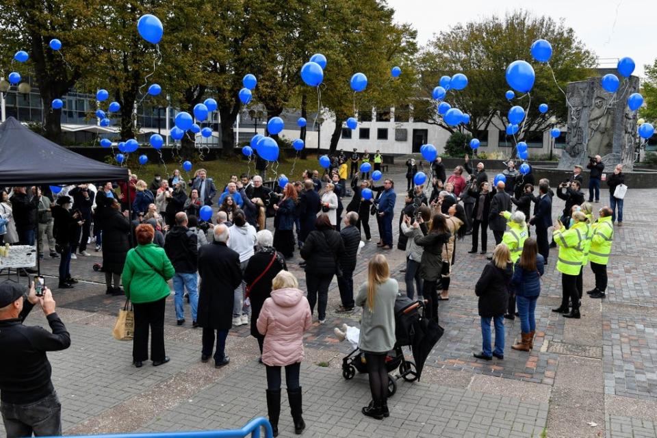 Balloons are released outside the Civic Centre in Southend-on-Sea on Saturday (REUTERS)