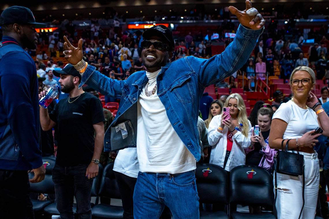 Former NFL wide receiver Antonio Brown reacts courtside after the Miami Heat defeated Detroit 105-98 after four quarters of an NBA game at FTX Arena in Downtown Miami, Florida, on Tuesday, March 15, 2022.