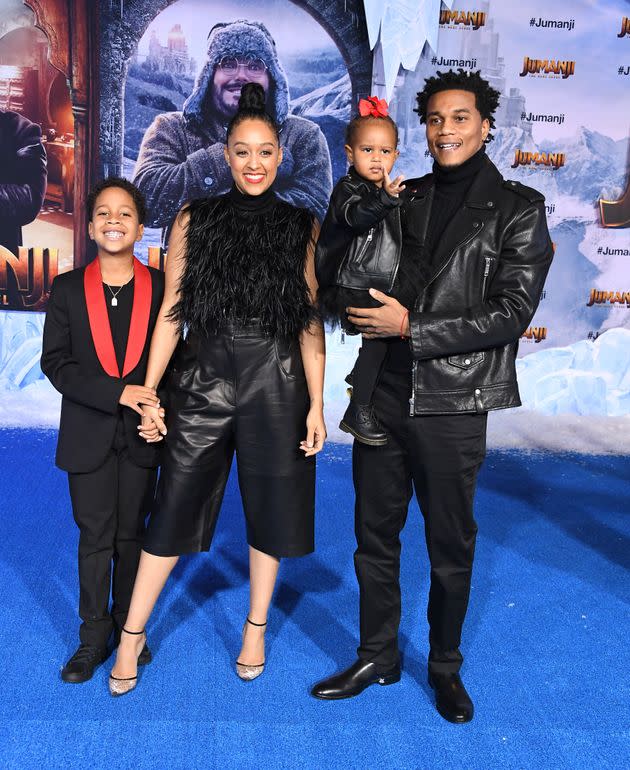 Tia Mowry and Cory Hardrict with their children, Cree and Cairo, at the premiere Of Sony Pictures' 