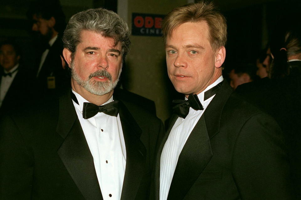 Creator George Lucas (left) and actor Mark Hamill (right) who played Luke Skywalker at 'Star Wars' Premiere (Photo by Tim Graham/Sygma/Corbis via Getty Images)