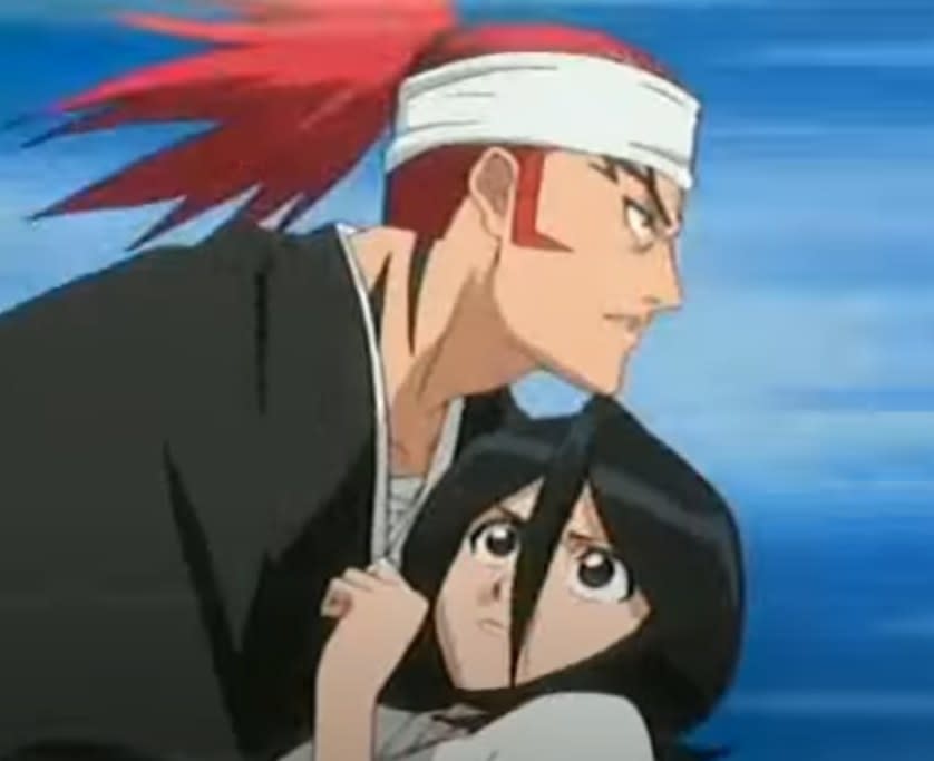 Renji running with Rukia in his arms as she looks up at him