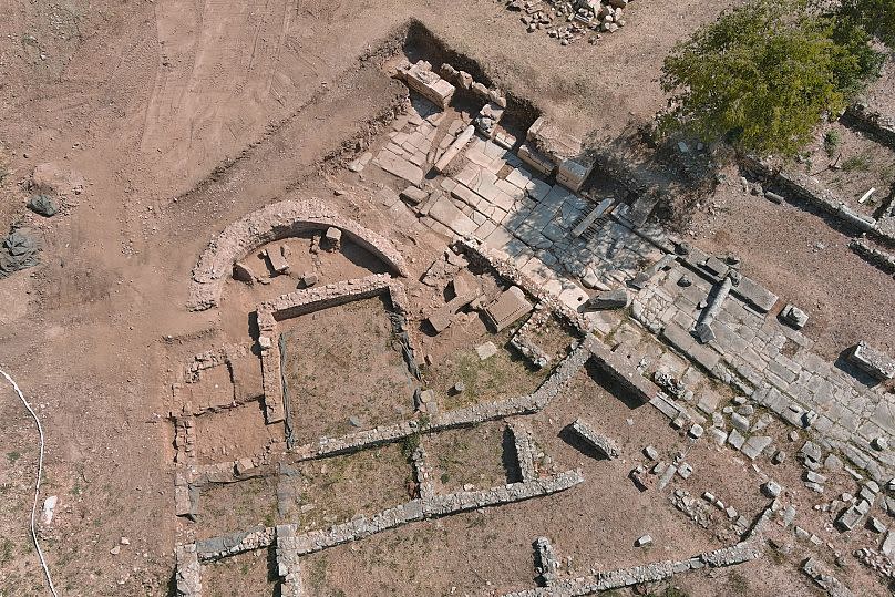 Fotografía aérea del yacimiento en el que se realizan excavaciones en Filipos.