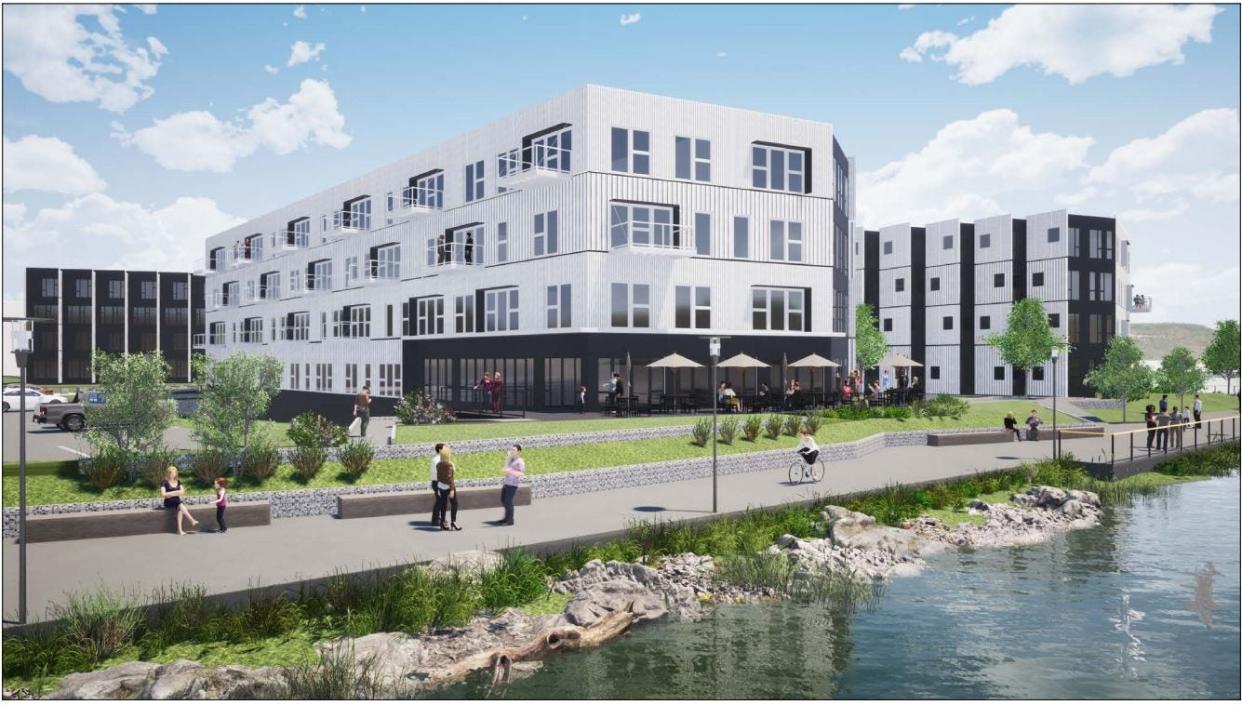 A rendering of the apartment buildings Merge Urban Development has proposed building in Green Bay's Shipyard redevelopment area. The area is between the Fox River and South Broadway, just north of the Mason Street overpass.