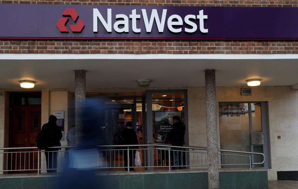 The logo of NatWest Bank, part of the Royal Bank of Scotland group is seen outside a branch in Enfield, London Britain November 15, 2017. REUTERS/John Sibley