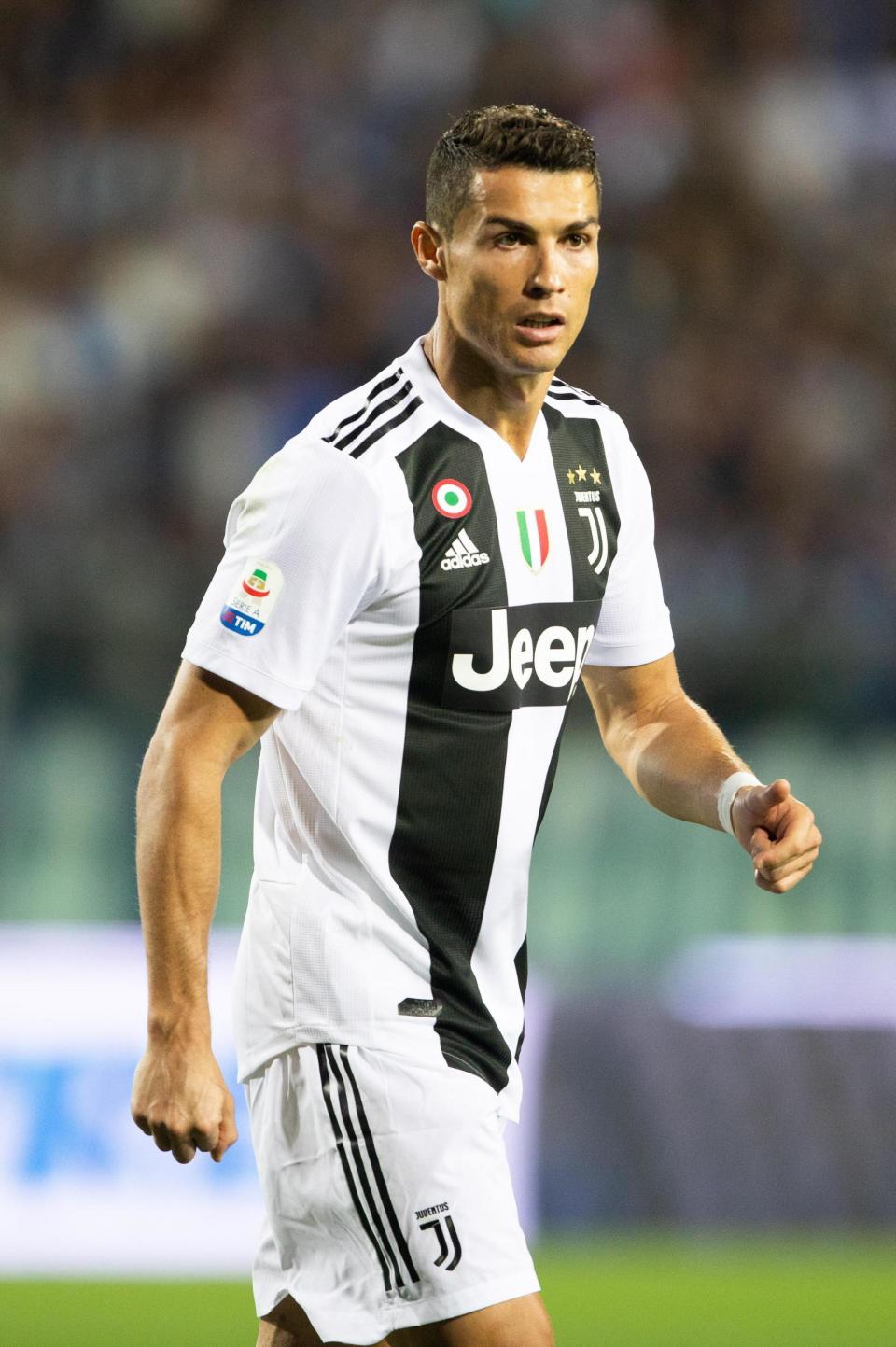Juventus' Cristiano Ronaldo walks on the pitch during the Serie A soccer match between Empoli and Juventus at the Carlo Castellani stadium in Empoli, Italy, Saturday, Oct. 27, 2018. (Gianni Nucci/ANSA via AP)
