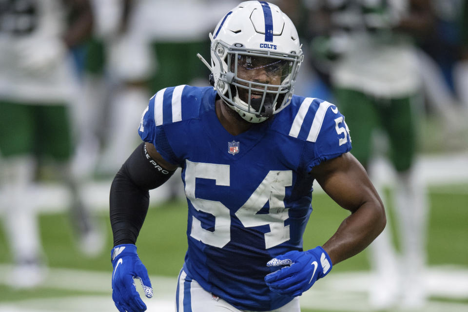 FILE - Indianapolis Colts linebacker Anthony Walker (54) runs to the sidelines during an NFL football game against the New York Jets in Indianapolis, in this Sunday, Sept. 27, 2020, file photo. Free agent linebacker Anthony Walker agreed to sign a one-year, $3.5 million contract with Cleveland, which has improved its secondary, pass rush and linebacking corps this week in free agency. (AP Photo/Zach Bolinger, File)