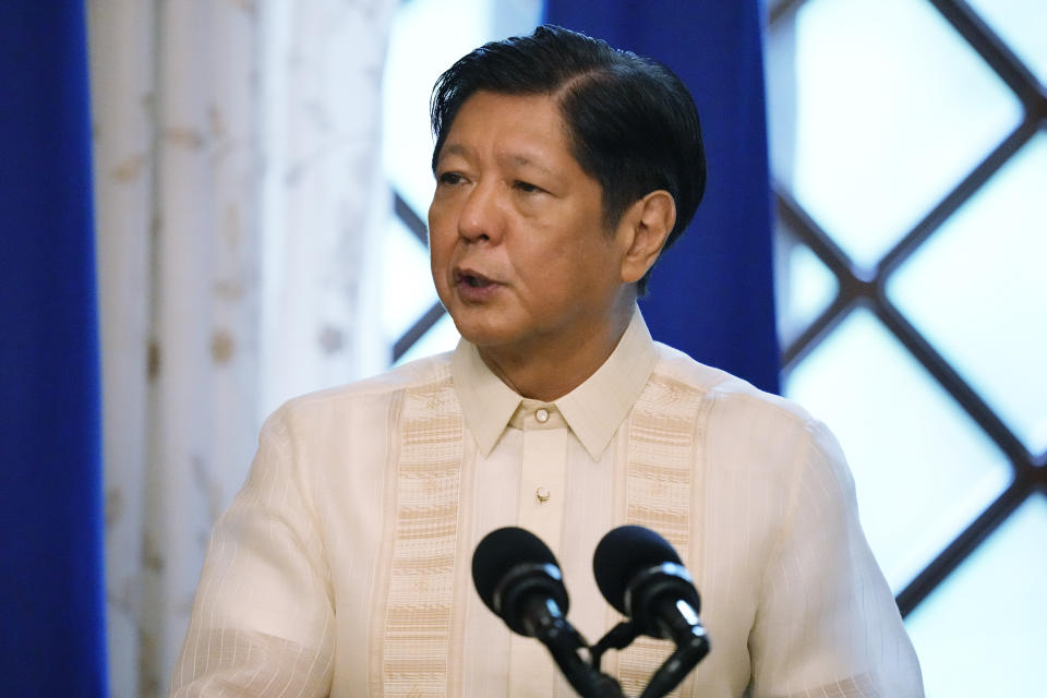 Philippine President Ferdinand Marcos Jr. delivers his speech during a joint press conference with European Commission President Ursula von der Leyen, not shown, at the Malacanang Presidential Palace in Manila, Philippines, Monday, July 31, 2023, (AP Photo/Aaron Favila, Pool)