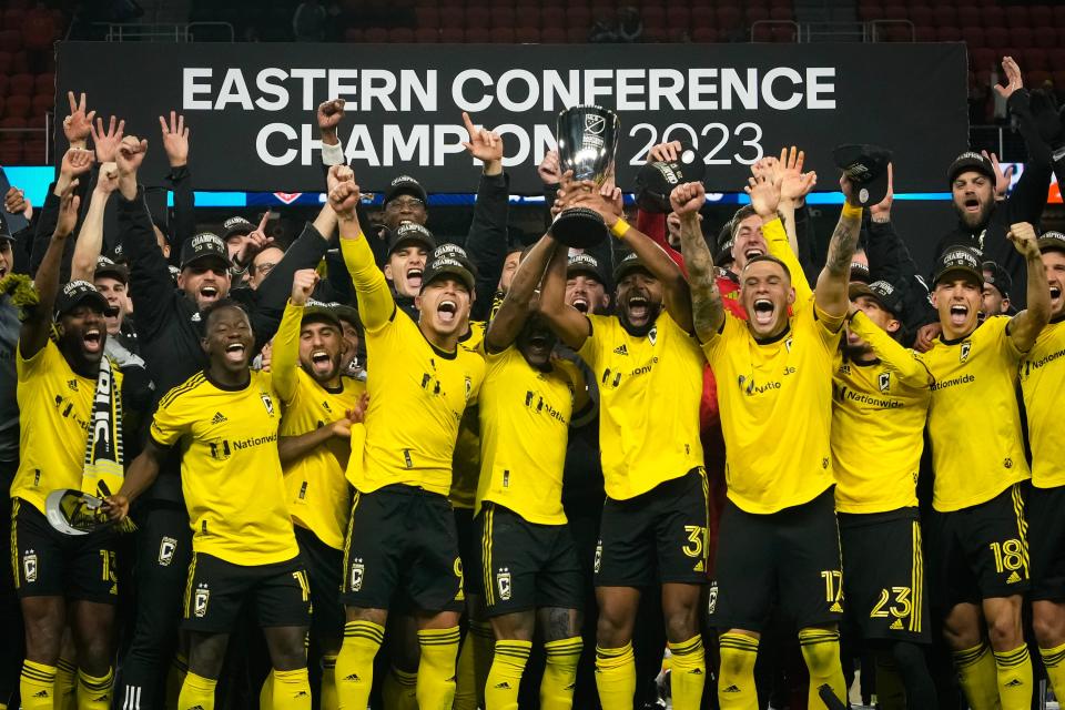 Dec 2, 2023; Cincinnati, Ohio, USA; The Columbus Crew hoist the trophy after their 3-2 extra time win over FC Cincinnati in the MLS Cup Eastern Conference Finals at TQL Stadium.