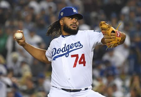 FILE PHOTO: Oct 27, 2018; Los Angeles, CA, USA; Los Angeles Dodgers pitcher Kenley Jansen throws a pitch against the Boston Red Sox in the eighth inning in game four of the 2018 World Series at Dodger Stadium. Mandatory Credit: Jayne Kamin-Oncea-USA TODAY Sports