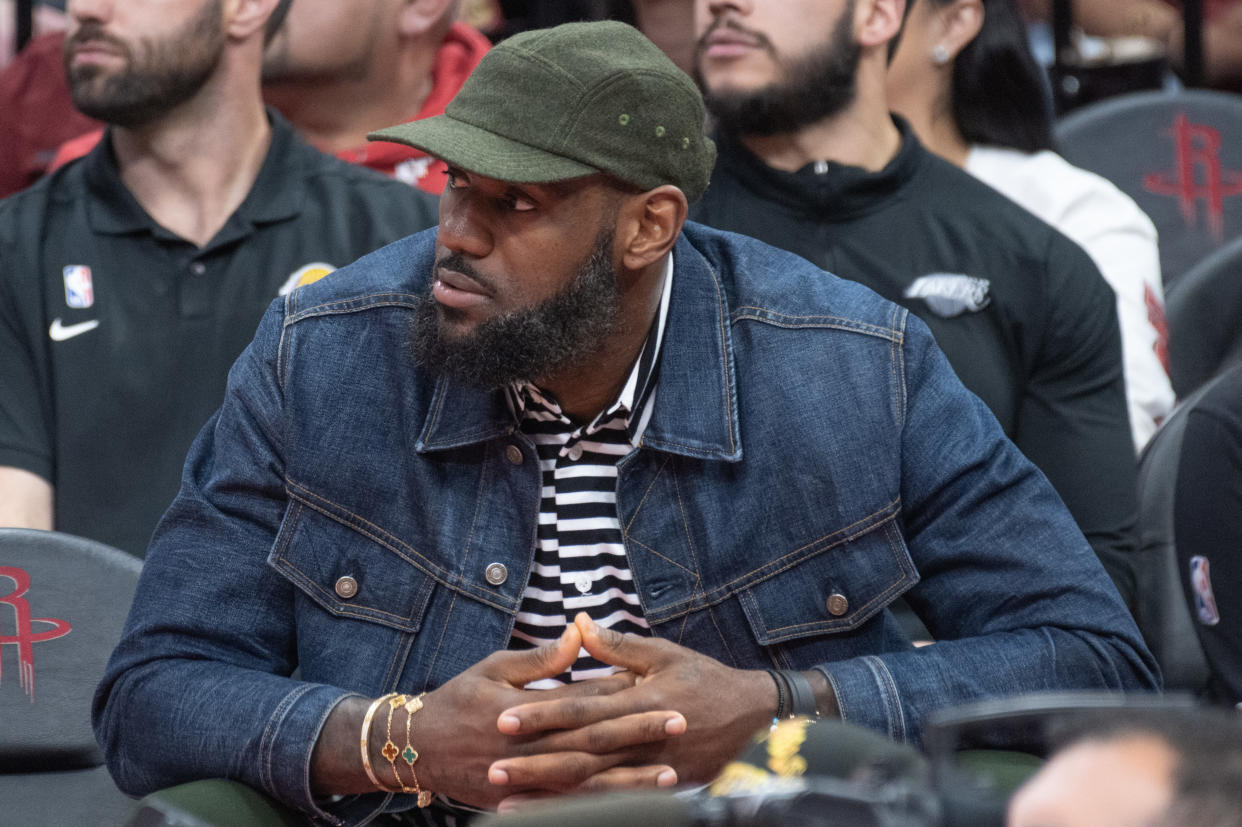 HOUSTON, TEXAS - MARCH 15: LeBron James attends the game between the Los Angeles Lakers and the Houston Rockets at Toyota Center on March 15, 2023 in Houston, Texas. (Photo by Marcus Ingram/Getty Images)